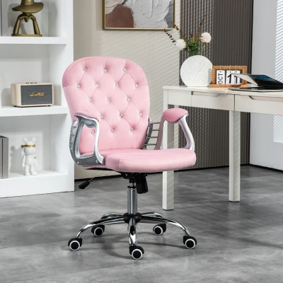 Vinsetto Cadeira de Escritório Estofada em Veludo Cadeira Giratória com Altura Ajustável e Decorações de Cristal 59,5x60,5x103 cm Rosa