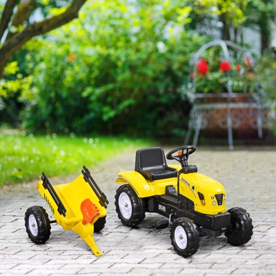 HOMCOM Trator a Pedais para Crianças acima de 3 Anos Trator com Reboque de Pedais para Crianças com Acessórios 133x42x51 cm Amarelo e Preto