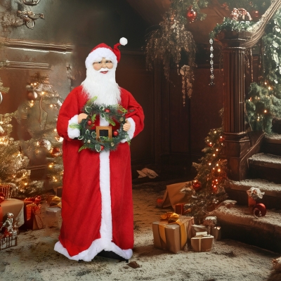 HOMCOM Père Noël 110cm Rouge Musique Commande Vocale Bras Pliables