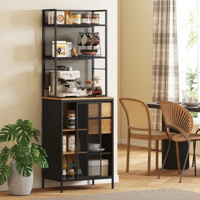 HOMCOM Küchenbuffet, Küchenschrank, Arbeitsplatte, Schiebetür, Schubladen und offene Regale, 60x40x180cm, Naturholz