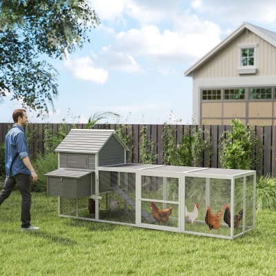 PawHut Gallinero de Madera 310,5x149,5x149cm Jaula para 4-6 Gallinas con 2 Ventanas Puertas Nido Bandeja Extraíble y Rampa Gris