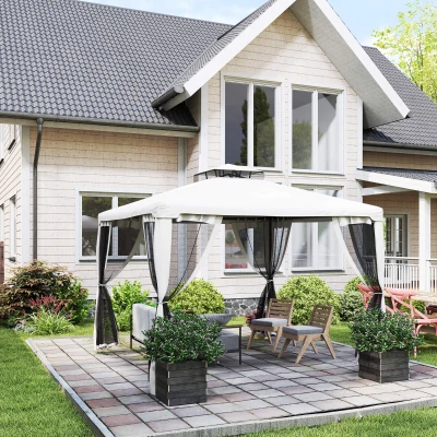 Outsunny 3 x 3m Metal Gazebo Garden Outdoor Marquee Party Tent Canopy Pavillion Patio Shelter with Mesh Sidewalls Taupe 2.95m Pavilion 2-tier Roof w/ Netting