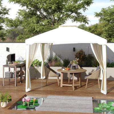 Outsunny 3 x 3 Meter Metal Gazebo Garden Outdoor 2-tier Roof Marquee Party Tent Canopy Pavillion Patio Shelter with Netting - Cream White