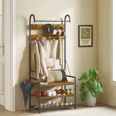 HOMCOM Garderobenständer mit Stange, 10 Haken, Bank und Schuhregal, aus Holz und Metall, 80x40x182 cm, Braun und Schwarz