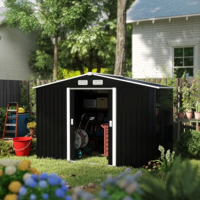 Outsunny 9 x 6FT Metal Shed Roofed Garden Shed Outdoor Storage Shed with Foundation Ventilation & Doors, Dark Grey