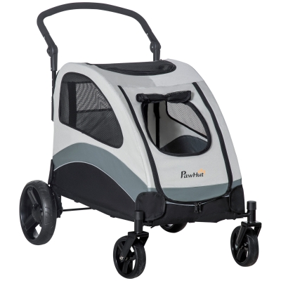 PawHut Carrito para Perros con Ventanas Bolsillo de Almacenaje Correas de Seguridad y 2 Ruedas Universales 107x67x102 cm Gris