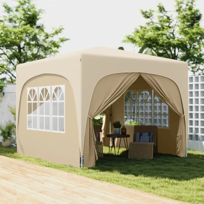 Outsunny Tenda Dobrável 3x3 m com Painéis Laterais UPF50+ Tenda de Jardim com Altura Ajustável e Bolsa de Transporte Areia