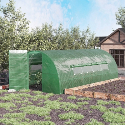 Outsunny Reinforced Walk-In Polytunnel Greenhouse with Metal Hinged Door, 25mm Diameter Galvanised Steel Frame & Mesh Windows (3 x 6M)