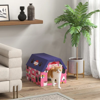 PawHut 2-in-1 Cat House Scratching Board Pink