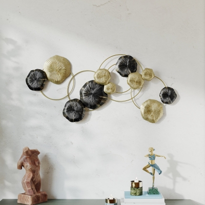 HOMCOM Decoración de Pared de Metal con Forma de Hoja de Loto Escultura de Pared para Decoración Hogar 84x35 cm Dorado y Negro