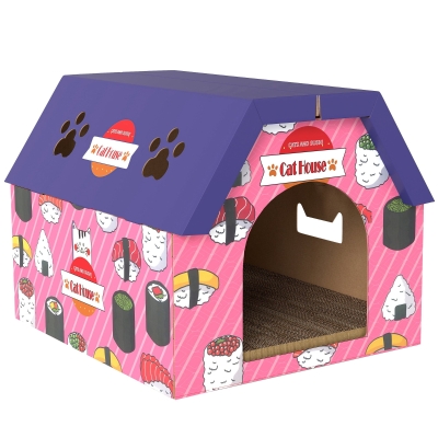 PawHut 2-in-1 Cat House Scratching Board Pink