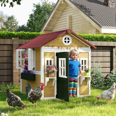 Outsunny Casa de Madeira para Crianças Casa de Brincar Infantil para Jardim  com Porta Janelas e Floreiras 114x126,5x135 cm Multicor