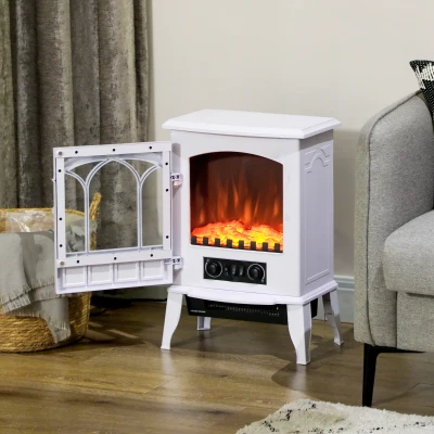HOMCOM Elektrischer Standkamin 1000/2000 W, dekorativer Kamin mit LED-Flammeneffekt, weiß