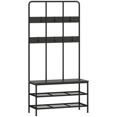 HOMCOM 3-in-1 Garderobenständer, Kleiderhaken, Sitzbank, Schuhregal, Metall, Spanplatte, Schwarz