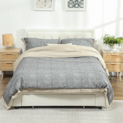 HOMCOM Double Ottoman Bed Frame with Drawer Cream