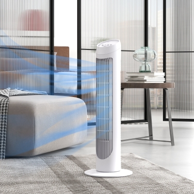 HOMCOM Ventoinha de Coluna 45W Ventoinha de Coluna Silenciosa com 3 Velocidades e Oscilação 70° para Sala Quarto Ø27x75 cm Branco