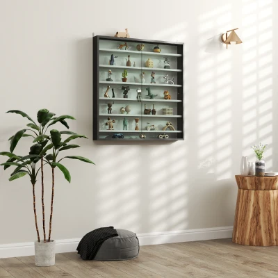 HOMCOM Wandregal mit 6 Verstellbaren Regalen aus Holz mit Glastüren, 80x9.5x83 cm, Weiß und Schwarz