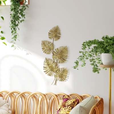 HOMCOM Wall Art a 5 Foglie Monstera in Metallo Dorato 83x2.5x39cm