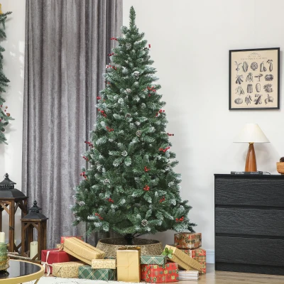 HOMCOM Weihnachtsbaum 210 cm hoch für den Innenbereich mit 928 Zweigen, Kiefernzapfen und Roten Beeren, Metallständer, Grün