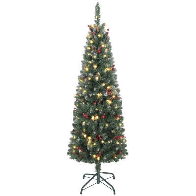 HOMCOM Beleuchteter Weihnachtsbaum mit 150 LED-Lichtern, 30 Tannenzapfen und 30 Beerenbüscheln, Ø60x150 cm, Grün und Silber