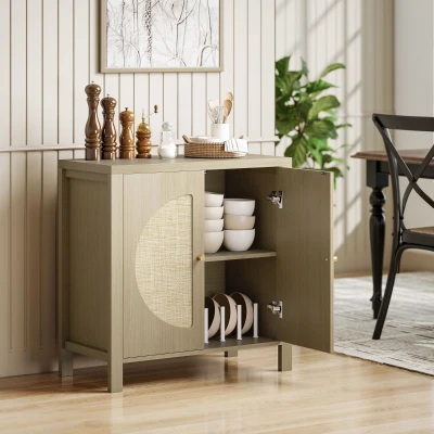 HOMCOM Aparador de Cocina con 2 Puertas de Ratán Estante Ajustable y 2 Tiradores 75x38x77 cm Madera Natural