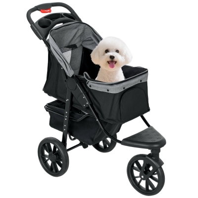 PawHut Carrito para Perros con 3 Ruedas Ventanas de Malla Cesta de Almacenaje y Correas de Seguridad 109,5x57,5x106,5 cm Gris