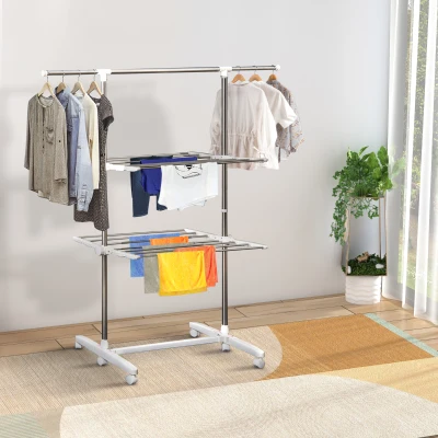 Suport de rufe HOMCOM, extensibil, cu 3 niveluri, cu brațe pliabile, roti, uscător de rufe pentru interior și exterior, Alb, 83-136,5 x 45,5 x 154 cm