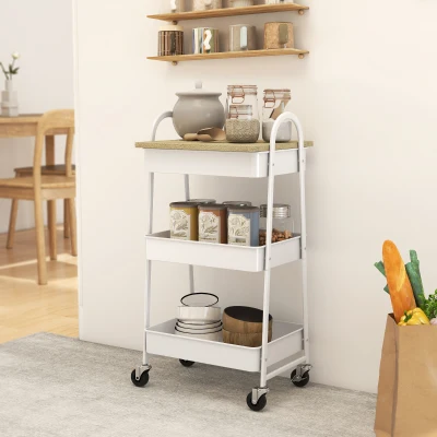 HOMCOM Küchenwagen, Servierwagen mit 3 Etagen, oberer Plattform, Körbe, Griffe, 45 x 32 x 79 cm Eiche