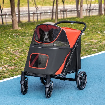 PawHut Carrinho para Cães Dobrável com Janelas de Malha Cinto de Segurança e Bolsos de Armazenamento 112x65x100 cm Vermelho