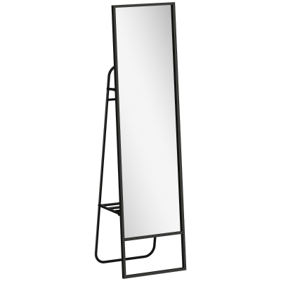 HOMCOM Oglindă pe Picior 148,5 x 40 cm dreptunghiulară cu raft din spate, 2 cârlige și cadru metalic, neagră