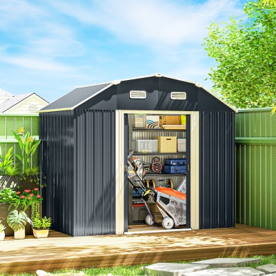 Outsunny Tuinhuis gereedschapsschuur tuinhuis, weerbestendig, 2 ramen, 2 deuren, 238 x 132 x 198,5 cm, Donkergrijs