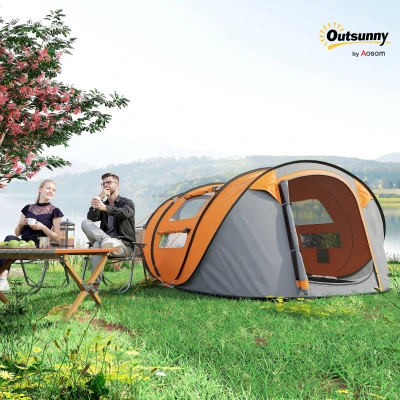 Outsunny 4-5 Person Pop-up Camping Tent Family Tent w/ 2 Mesh Windows & PVC Windows Portable Carry Bag for Outdoor Trip, Orange