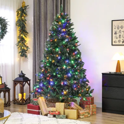 HOMCOM Weihnachtsbaum Tanne 210 cm mit LED-Lichtern 9 Beleuchtungsmodi 1160 Zweige mit künstlichem Schnee Grün