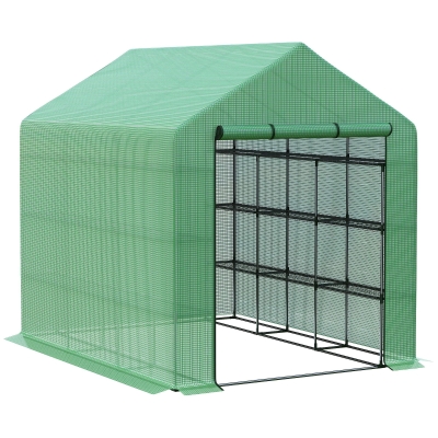 Outsunny Walk-in Greenhouse, 4 Tier 24 Shelves Portable Grow House with Roll-up Door, Dimensions 244 x 180 x 210cm, Green