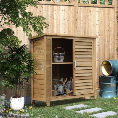 Outsunny Garden Shed Wooden Garden Storage Shed 2 Door Unit Solid Fir Wood Garage Tool Organisation Cabinet 87L x 46.5W x 96.5Hcm