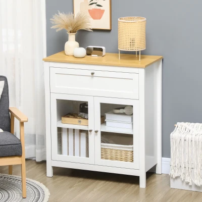 HOMCOM Aparador de Cozinha Moderno Móvel Buffet Auxiliar com Gaveta Prateleira Ajustável e 2 Portas de Vidro 80x40x90 cm Branco e Madeira