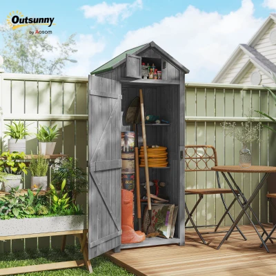 Outsunny Garden Shed Vertical Utility 3 Shelves Shed Wood Outdoor Garden Tool Storage Unit Storage Cabinet, 77 x 54.2 x 179cm - Grey