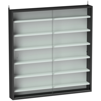 HOMCOM Estante de Exhibición de 6 Estantes Ajustables en Madera con Puertas de Cristal, 80x9.5x83 cm, Blanco y Negro