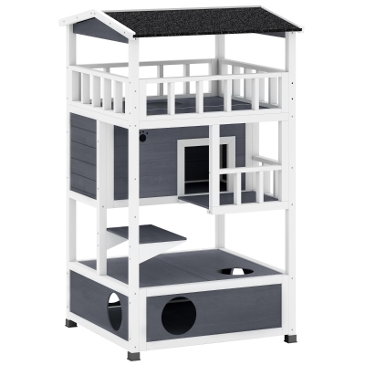 PawHut Wooden Cat House Den 3-Tier Outdoor Kitten Shelter Lodge w/ Tilted Roof Terrace Jump Step Bottom Tray Elevated Base Waterproof Paint 140 x 78 x 76cm Grey