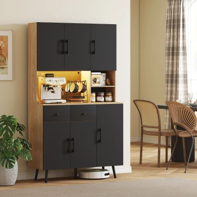 HOMCOM Alacena de Cocina con Luces LED RGB con 6 Puertas 2 Cajones Encimera y Orificio para Cables 100x40x176 cm Negro y Roble