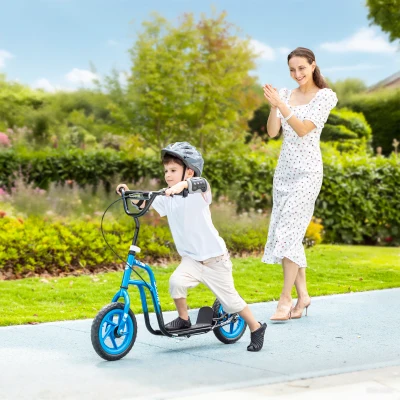 AIYAPLAY Patinete scooter para niños con manillar ajustable, ruedas grandes, soporte de estacionamiento, freno de mano, para niños de 5 a 12 años, Azul