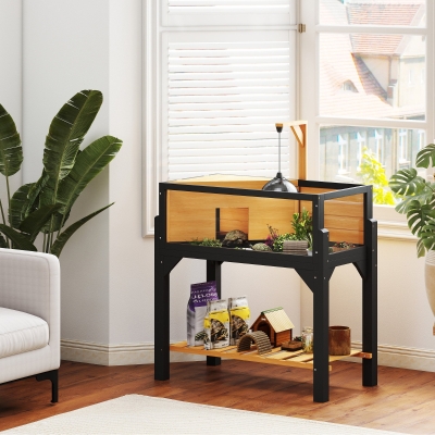 PawHut Wooden Tortoise House with Shelf & Lamp Holder Yellow