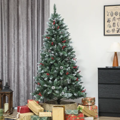 HOMCOM Weihnachtsbaum Höhe 180 cm für den Innenbereich mit 620 Spitzen, Zapfen und Roten Beeren, Metallfuß, Grün