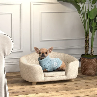 PawHut Canapea pentru animale de companie, Pat pentru câini, Canapea pentru câini, Canapea pentru pisici cu pernă și buzunar posterior, Pluș, Spumă, Lemn de pin, Crem, 70 x 47 x 30 cm