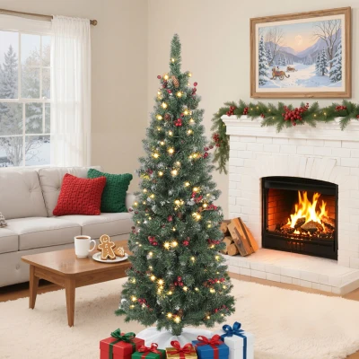 HOMCOM Beleuchteter Weihnachtsbaum mit 150 LED-Lichtern, 30 Tannenzapfen und 30 Beerenbüscheln, Ø60x150 cm, Grün und Silber