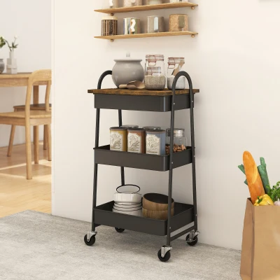 HOMCOM 3-Tier Kitchen Trolley on Wheels Rustic Brown