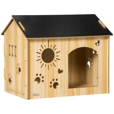 PawHut Cuccia per Cani da Interno con Struttura in Legno e Aperture a Forma di Zampa, Cuore e Ossa, Rovere