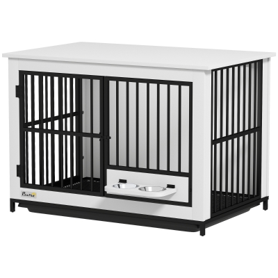 PawHut Grande Cage Chien Verrouillable avec Bol Pivotant Blanc