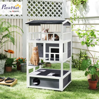 PawHut Wooden Cat House Den 3-Tier Outdoor Kitten Shelter Lodge w/ Tilted Roof Terrace Jump Step Bottom Tray Elevated Base Waterproof Paint 140 x 78 x 76cm Grey