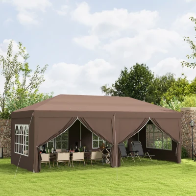 Outsunny 3 x 6 m Pop Up Gazebo with Sides and Windows, Height Adjustable Party Tent with Storage Bag for Garden, Camping, Event, Brown